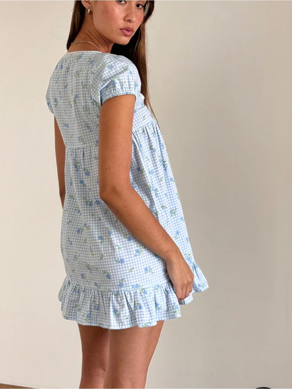 Motel Rocks Light Blue Gingham Floral Puff-Sleeve Babydoll Dress - Picture 2 of 8